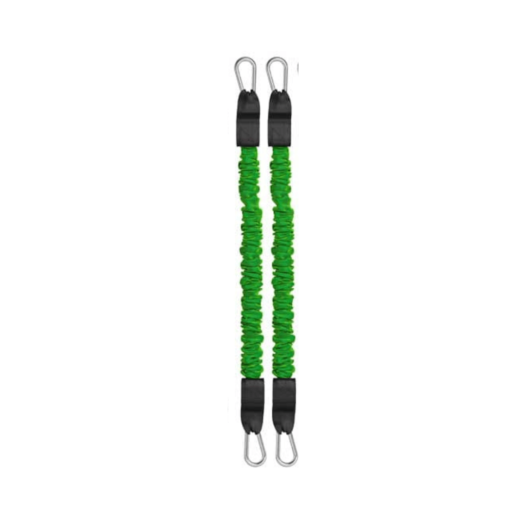 Two green resistance bands with metal hooks on a white background