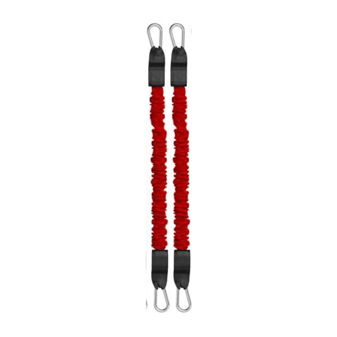 Red resistance bands with black connectors on a white background