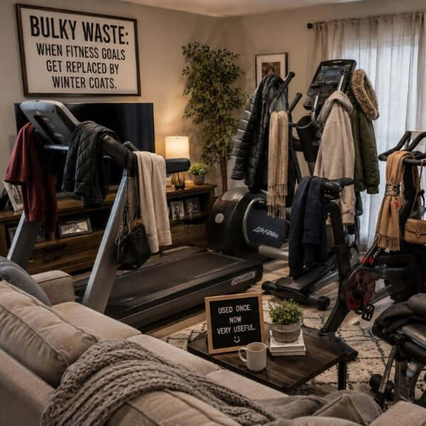 Room showing the clutter from unused gym equipment that eventually becomes a cluttered and unusable space in your home.