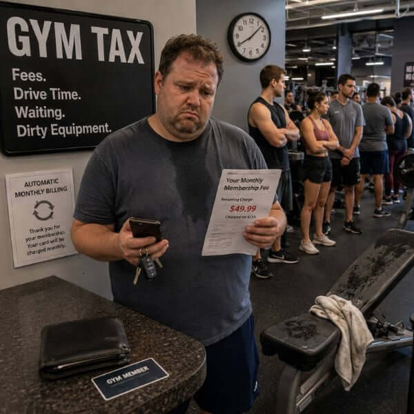 A person paying for an automatic monthly gym membership that they have to drive to, wait for equipment, dirty gym equipment, and fees that continue whether or not you use the membership.