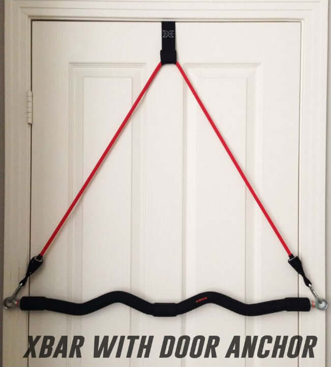 Heavy duty door anchor with the XBar exercise bar showing an example of how to use the door anchor with a resistance band.