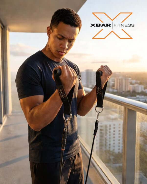 Man using heavy duty handles with resistance bands on a balcony with XBAR Fitness branding performing a bicep curl