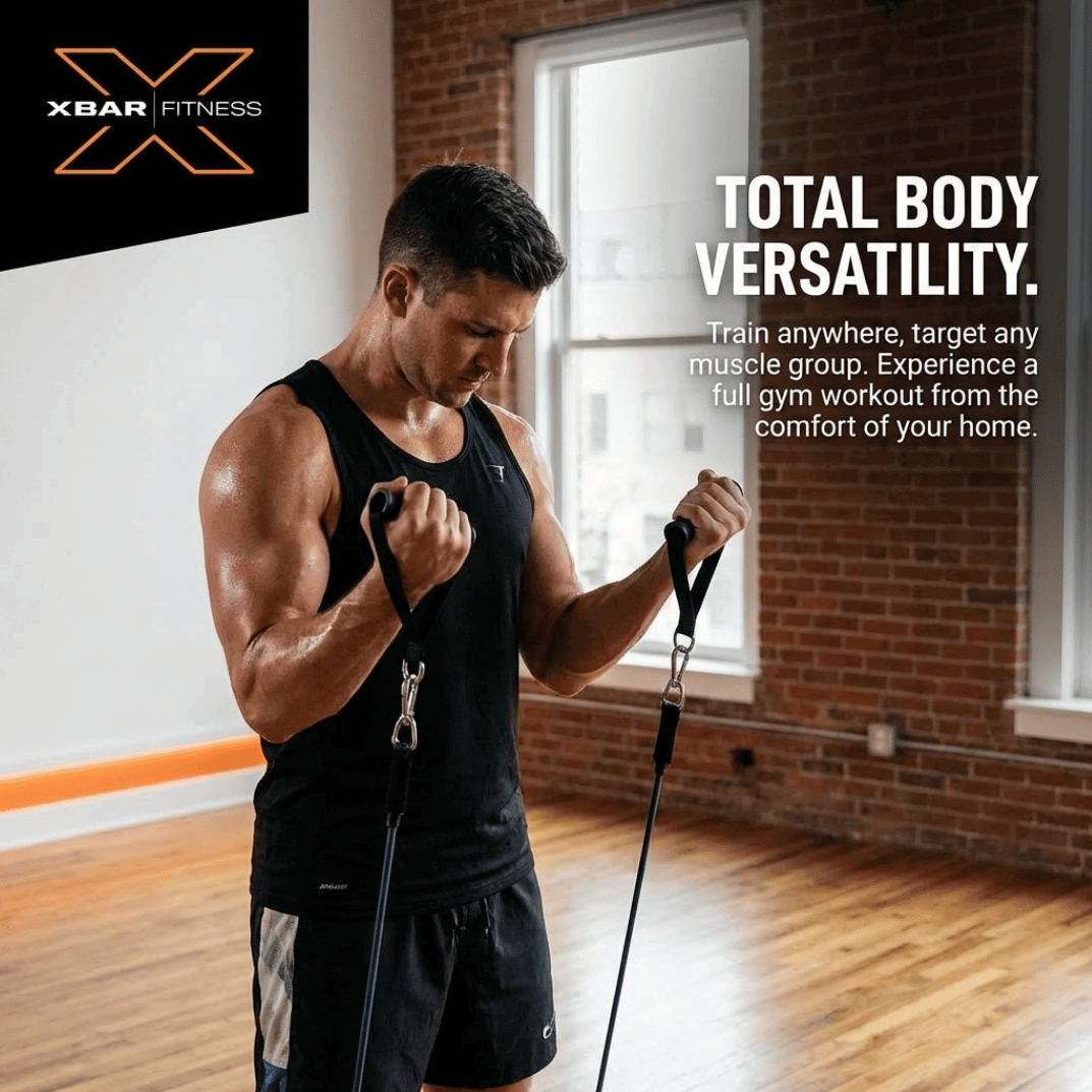Man using XBAR Fitness equipment in a home setting with text about total body versatility.