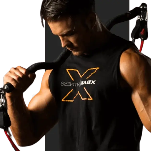 Home Gym workouts, with man wearing an XBar Fitness tank top holding gym equipment against a black background