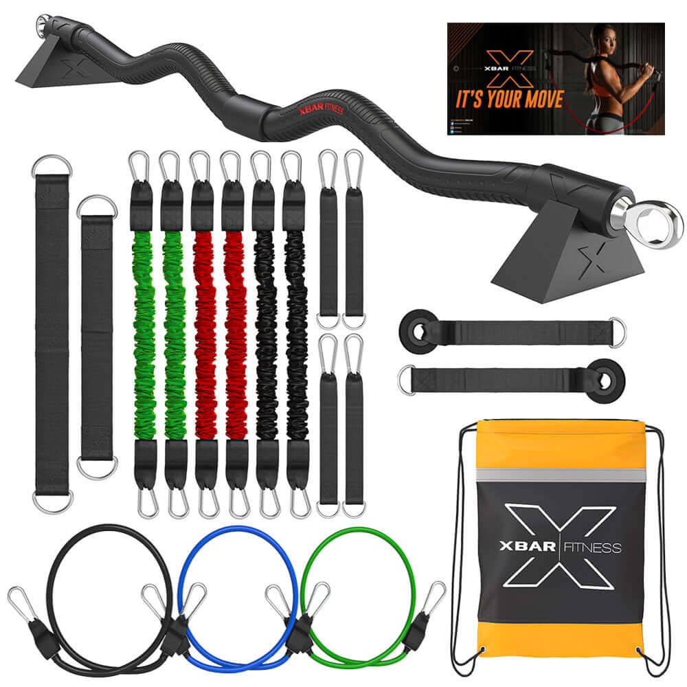 XBar Fitness equipment set with resistance bands and carrying bag on a white background