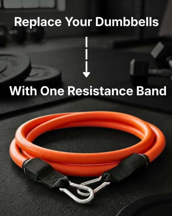 Orange resistance band on a dark surface with text suggesting it as an alternative to dumbbells.