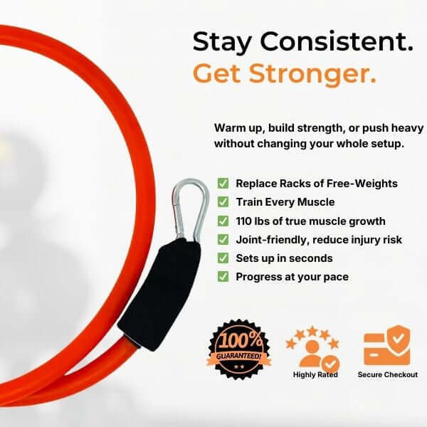 Orange massive 110 pound resistance band with text on a white background