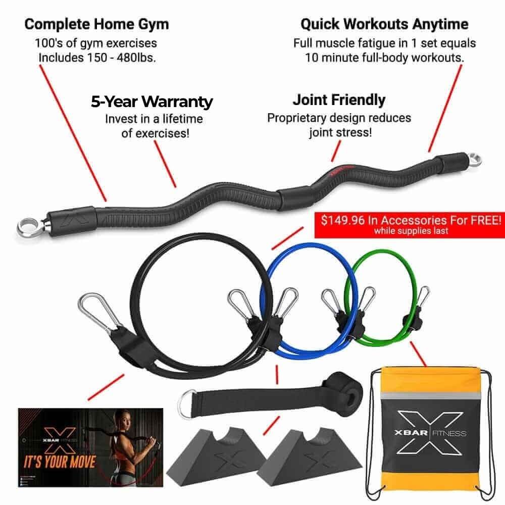 XBR Fitness home gym accessory set on a white background, including a black ez curl resistance xbar, black resistance loops, blue and green loops, two black docks, a door anchor, and a yellow-and-black drawstring bag. Text callouts describe features like complete home gym exercises, quick workouts anytime, 5-year warranty, and joint friendly design.