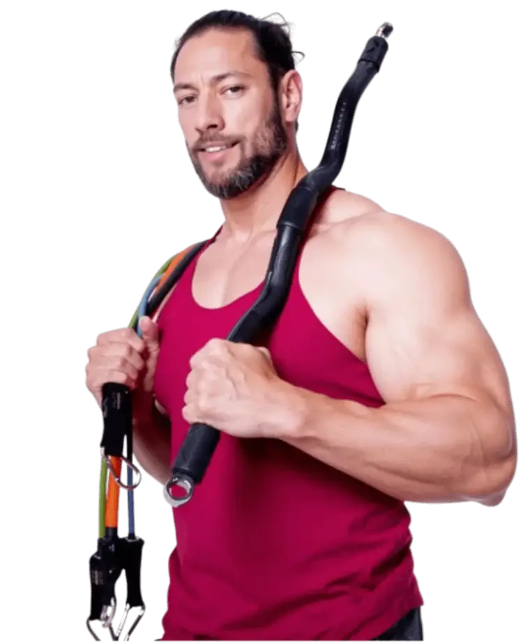 Man holding resistance bands against ready to use his portable home gym system.