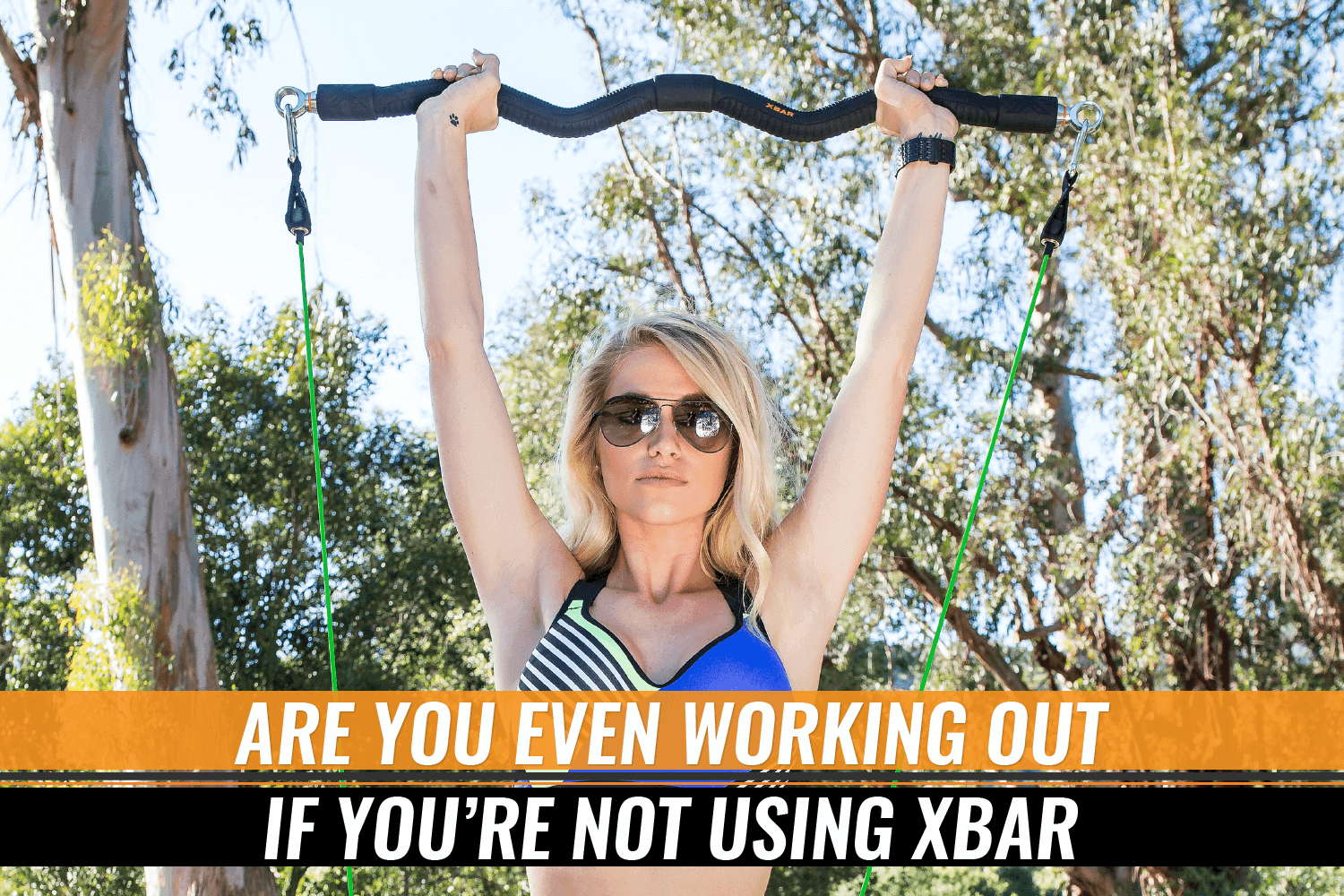 Woman demonstrating the XBAR Fitness System with exercise bands outdoors, promoting at-home workouts.