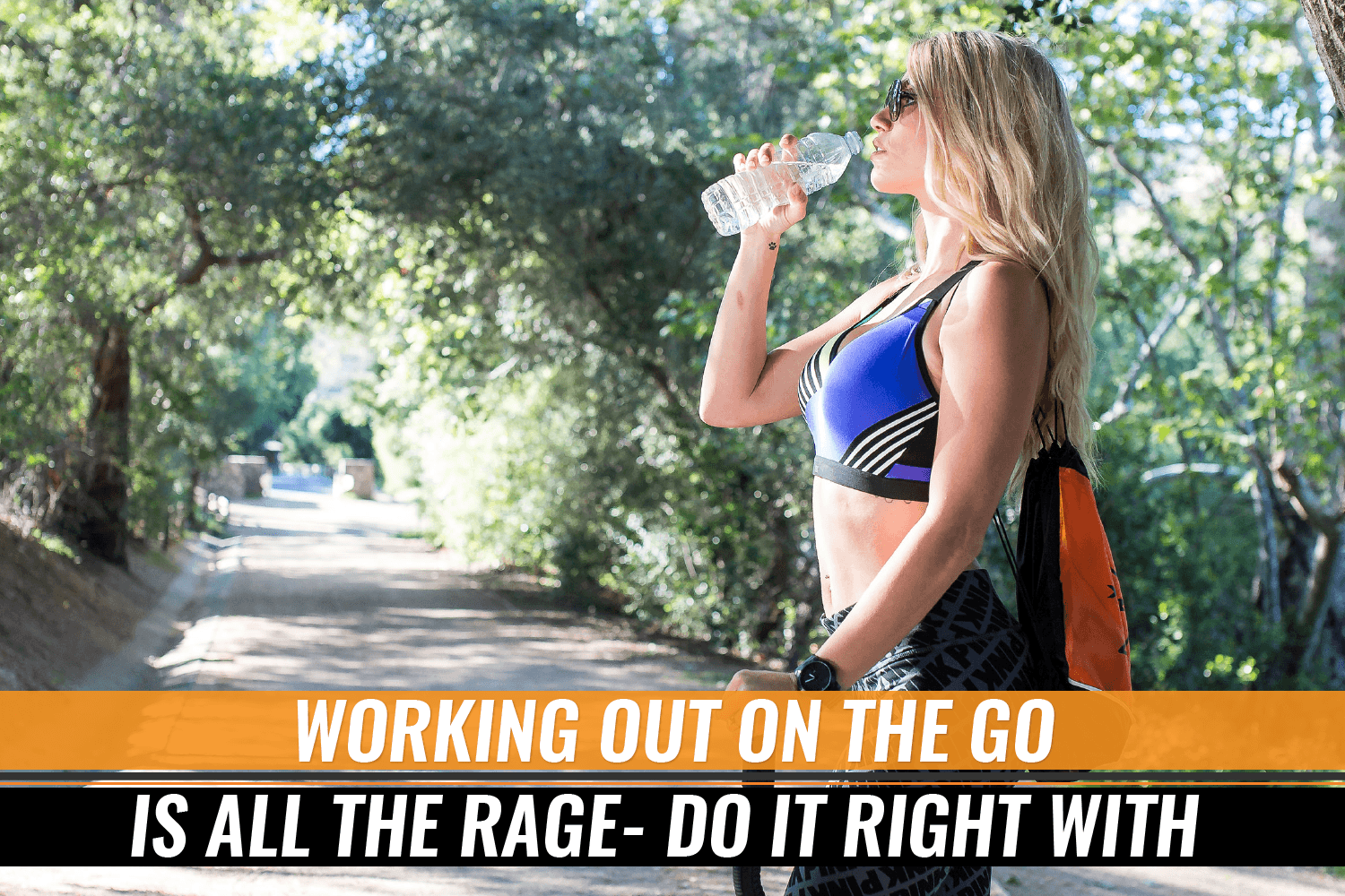Woman in workout gear holding water bottle outdoors, showcasing hotel workouts for fitness enthusiasts on the go.