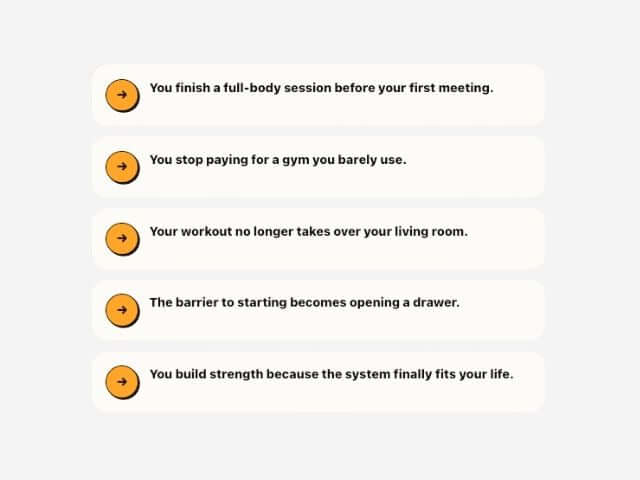 A digital graphic featuring five horizontal white rounded-rectangle cards stacked vertically on a light gray background. Each card has a small orange circle with a white arrow on the left, followed by black text describing fitness transformation results.