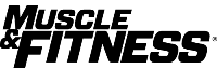 Black 'Muscle & Fitness' logo on a white background