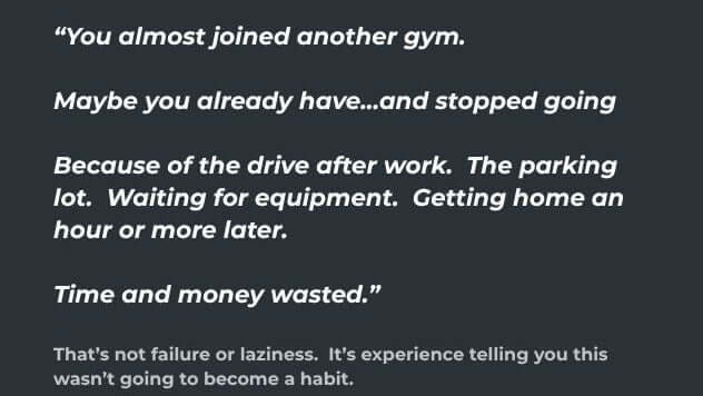 A dark gray square graphic with white text quoting a motivational fitness message about joining another gym, drive after work, parking lot, and waiting for equipment.