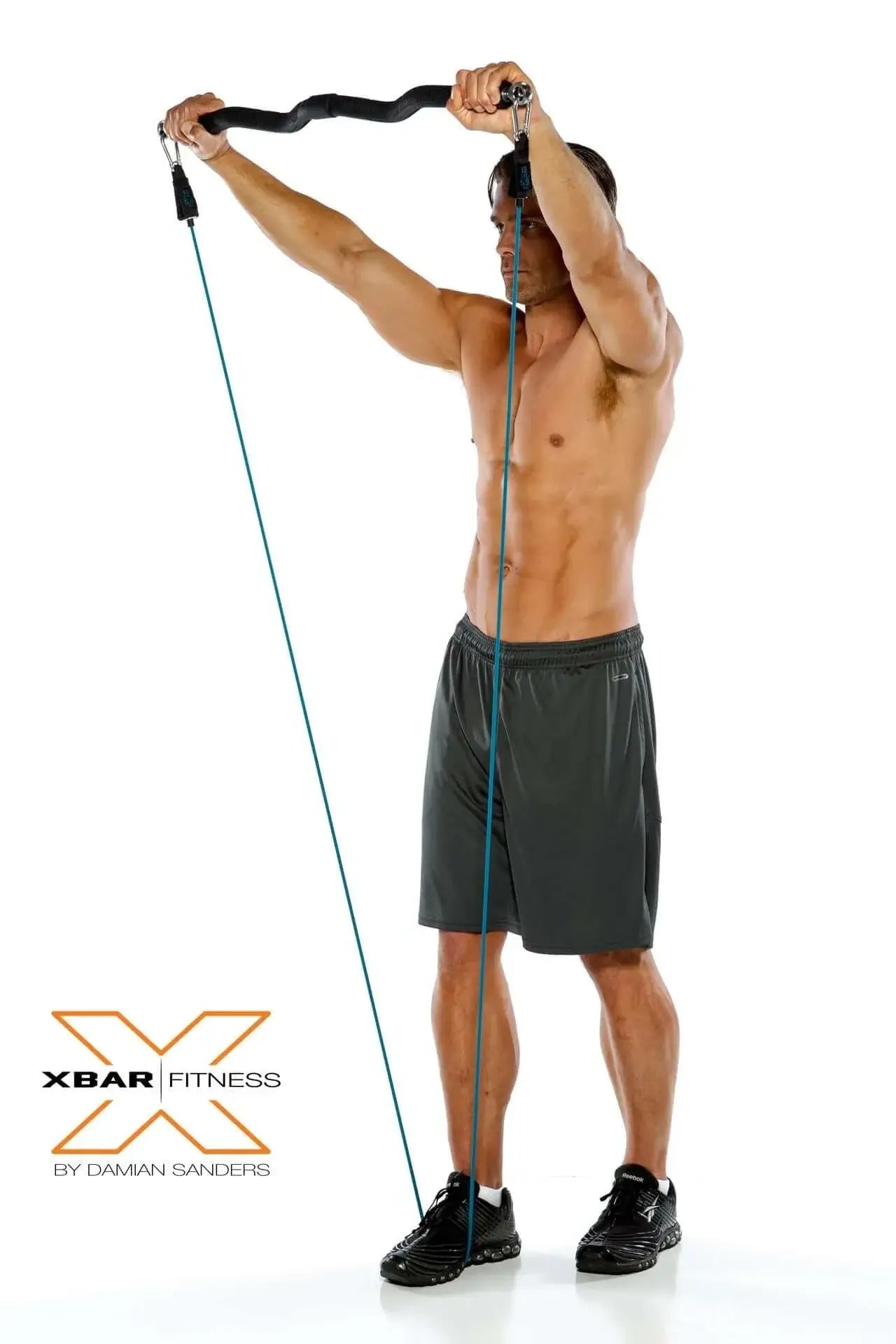 Man exercising with XBar Fitness equipment on a white background