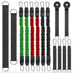 Resistance System Bands Set + Accessories bands made by XBAR ,Set of black straps with green, red, and black resistance bands, and door anchors on a white background.
