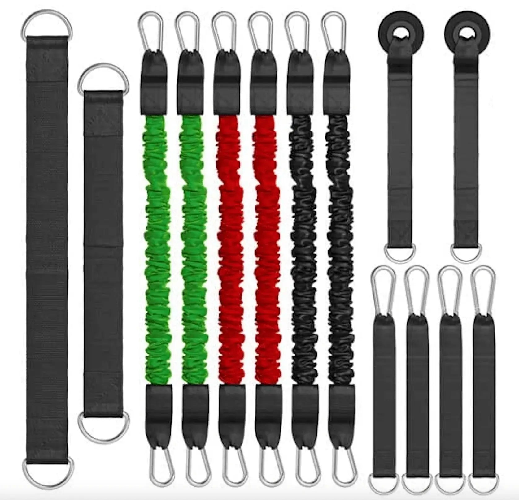 Resistance System Bands Set + Accessories bands made by XBAR ,Set of black straps with green, red, and black resistance bands, and door anchors on a white background.