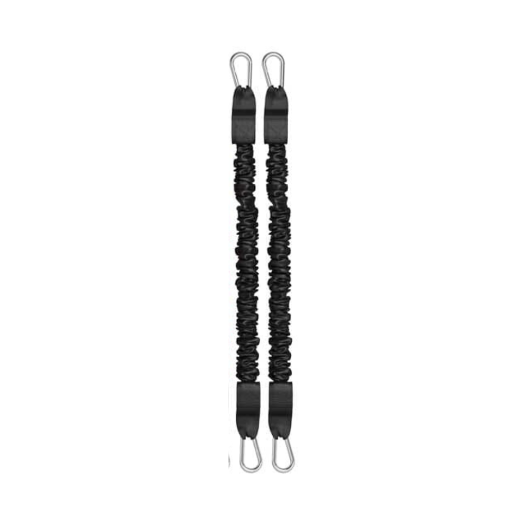 Black resistance bands with metal hooks on a white background