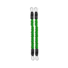 Two green resistance bands with metal hooks on a white background