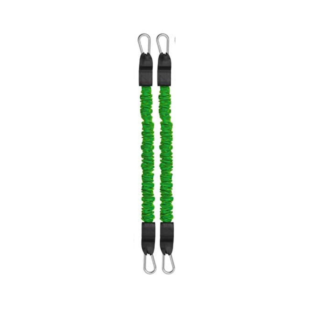 Two green resistance bands with metal hooks on a white background