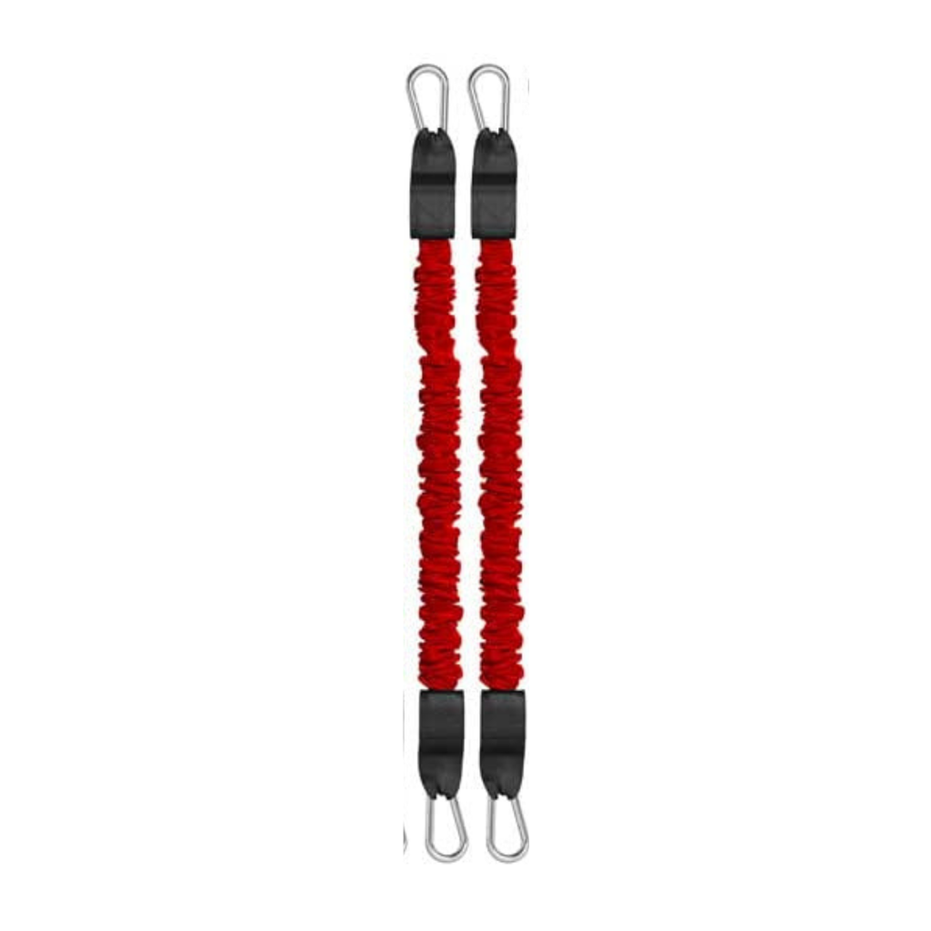 Red resistance bands with black connectors on a white background