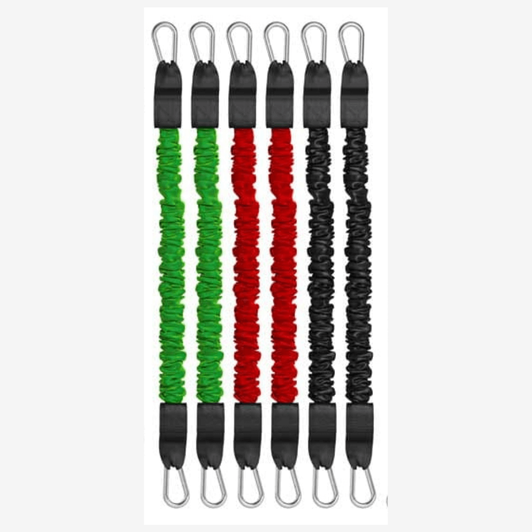 Three resistance bands in green, red, and black with metal hooks on a white background