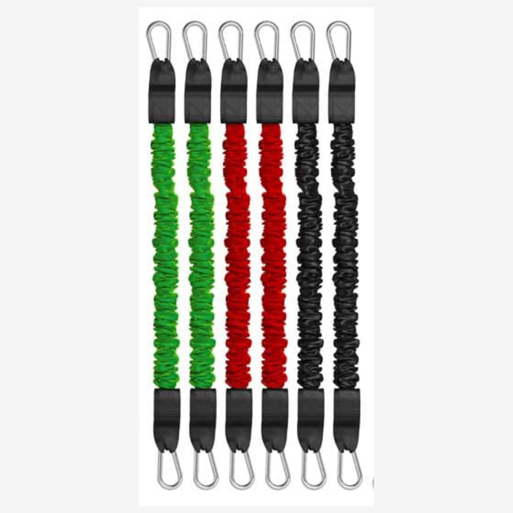 Three resistance bands in green, red, and black with metal hooks on a white background