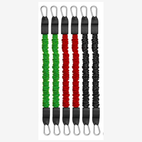 Three resistance bands in green, red, and black with metal hooks on a white background