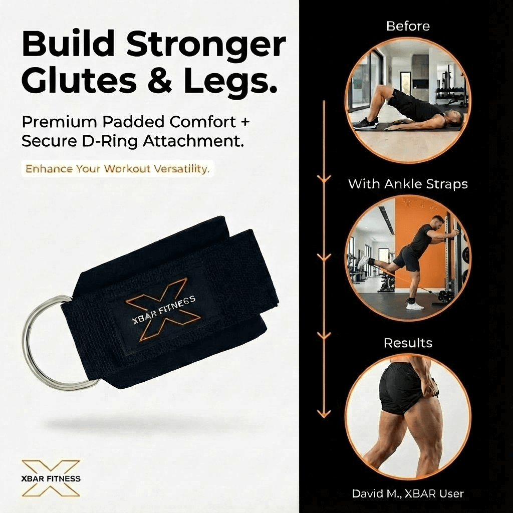 XBar Fitness product advertisement with text 'Build Stronger Glutes & Legs' and images of usage and results.