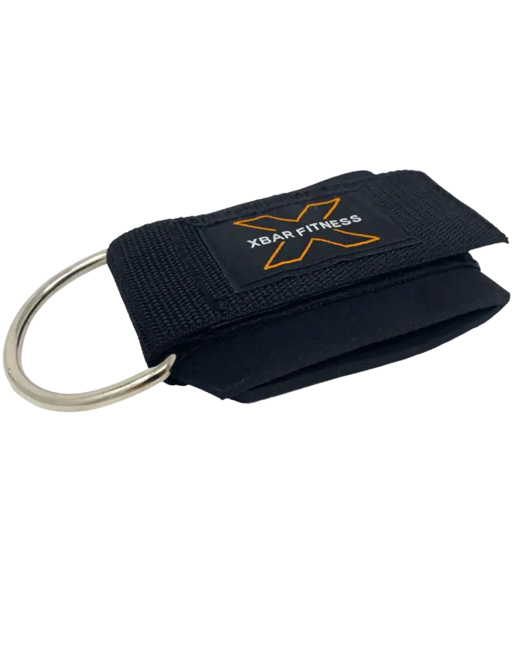 xbar fitnes ankle straps with a D ring and 'XBAR Fitness' logo on a white background for cables and resistance bands.