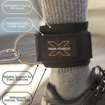 What’s included: two heavy-duty XBAR ankle straps (1 pair) made by XBar Fitness ankle strap worn on a foot with text highlighting features