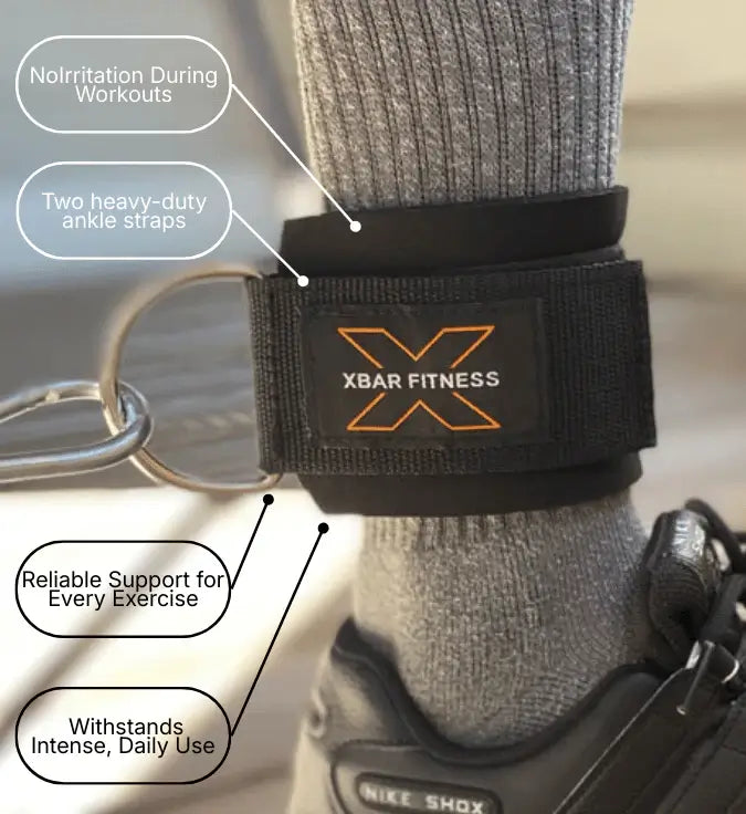 What’s included: two heavy-duty XBAR ankle straps (1 pair) made by XBar Fitness ankle strap worn on a foot with text highlighting features