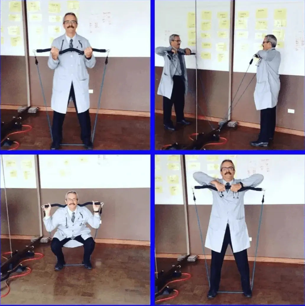 Collage of a man in a white coat using an exercise device in front of a mirror.