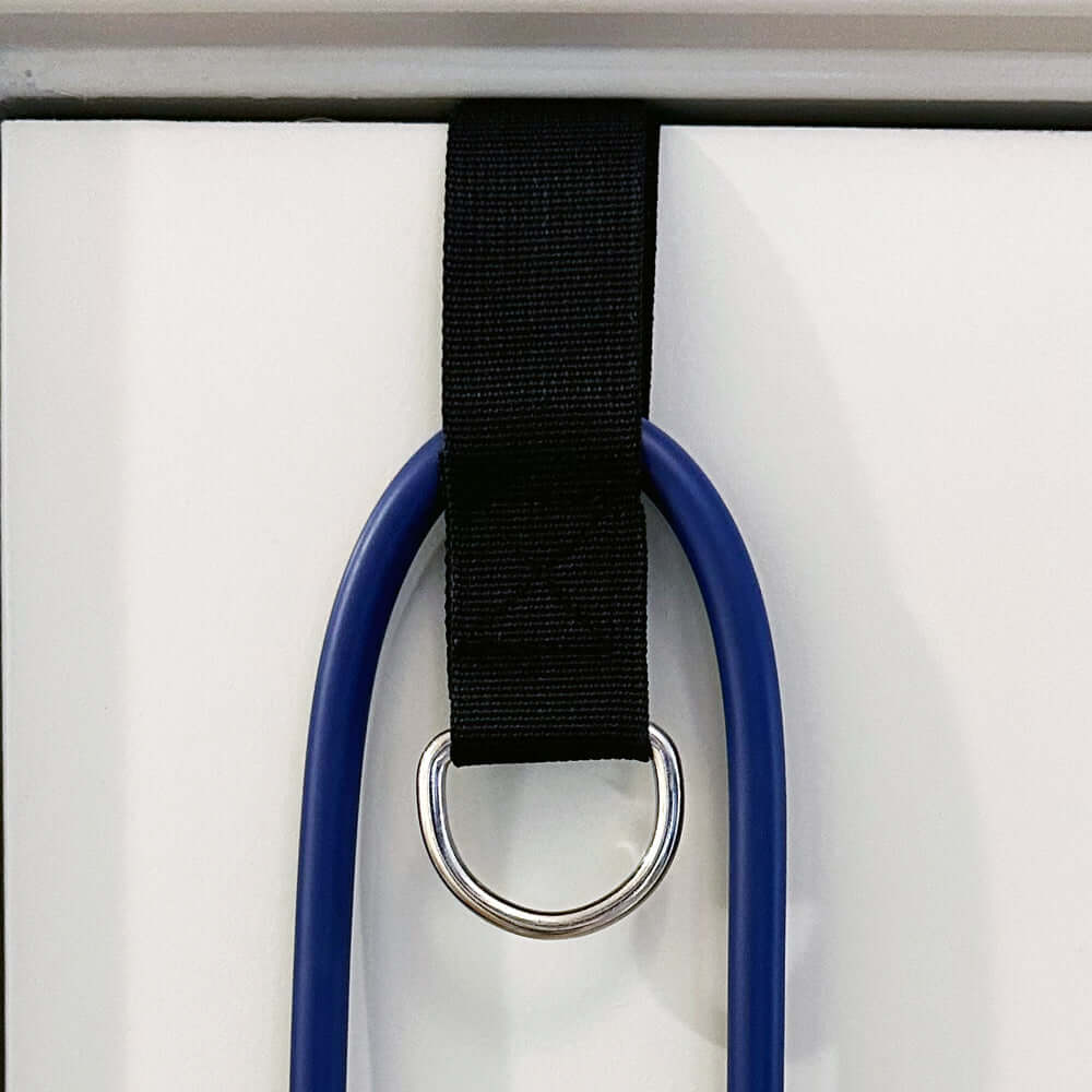 heavy duty door anchor with D-Ring for secure attachment using a Blue resistance band as an example set up, and can also be used by clipping on the carabiner to the door anchor.