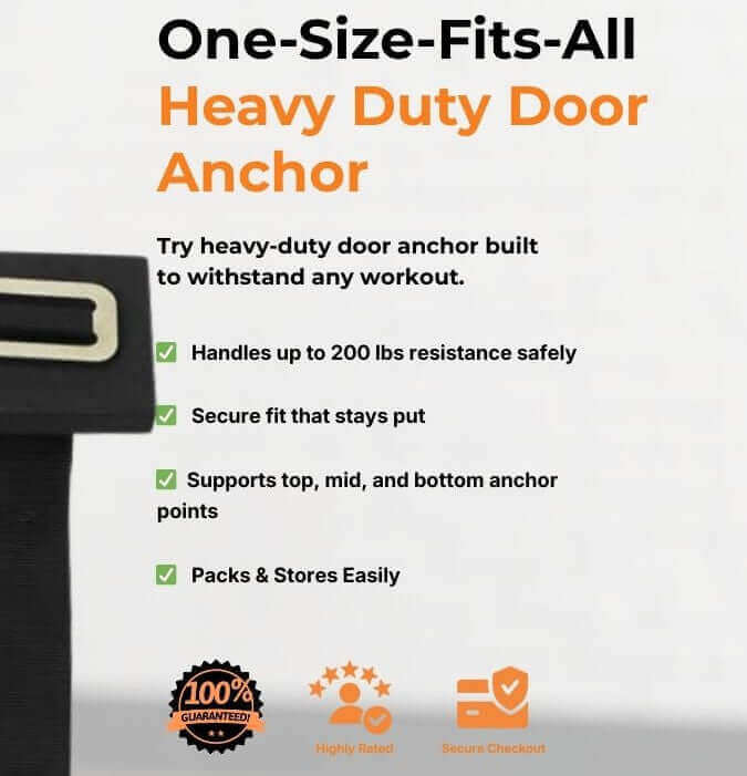 Heavy-duty door anchor with features listed on a white background