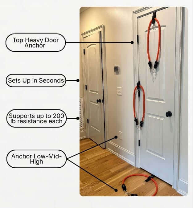 Door anchor system with labeled features on a white background