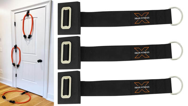 Example of various height uses with the heavy duty door anchors, low, medium, and high points using an orange resistance band as the fitness accessory. 