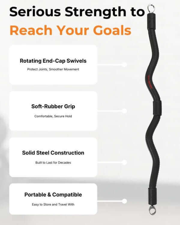 Exercise Curl Bar with text highlighting features on a gray background