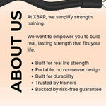 XBAR fitness exercise bar, curl bar style, with an about us section.