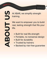 XBAR fitness exercise bar, curl bar style, with an about us section.