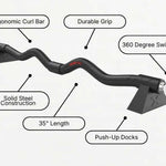 Black exercise curl bar with labeled features on a white background