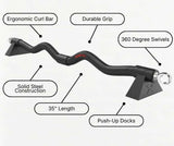 Black exercise curl bar with labeled features on a white background