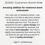 Product review for the xbar fitness exercise curl bar with five-star rating and customer testimonial.