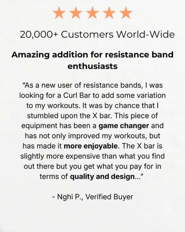 Product review for the xbar fitness exercise curl bar with five-star rating and customer testimonial.