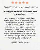 Product review for the xbar fitness exercise curl bar with five-star rating and customer testimonial.