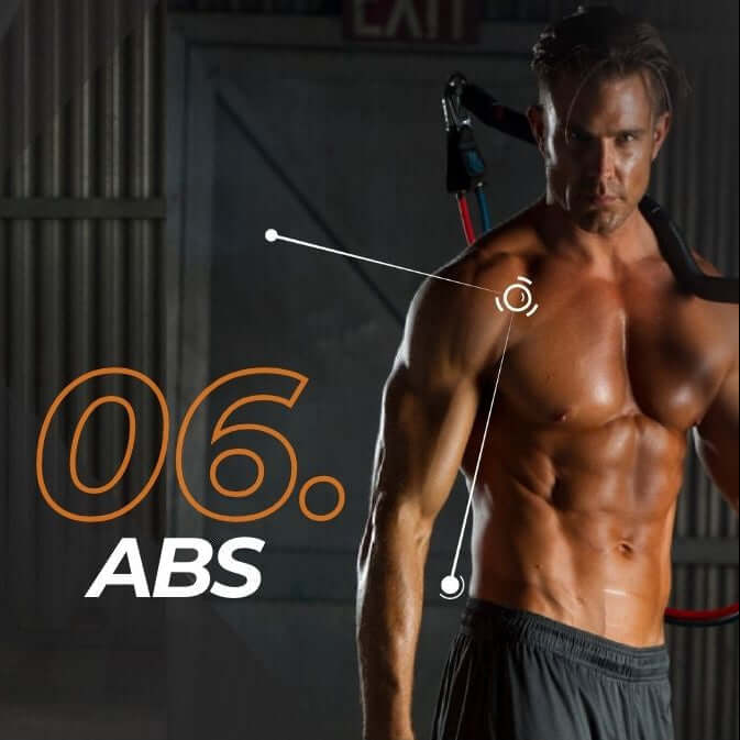 Man showing off his abs with a fitness equipment background and '06. ABS' text.