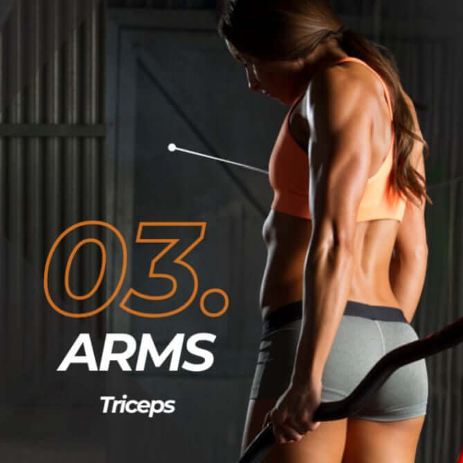 Woman exercising triceps muscle with text '03. ARMS Triceps' on a dark background
