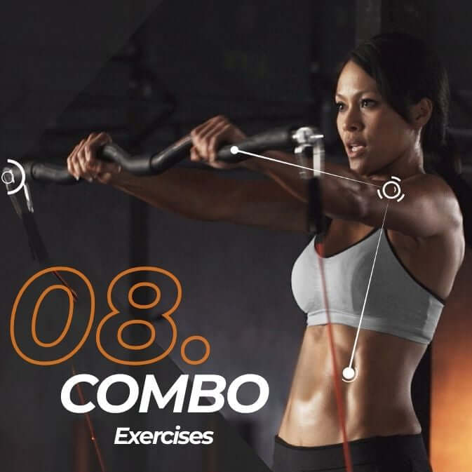 Woman exercising with resistance bands on a dark background, featuring text '08. COMBO Exercises'.