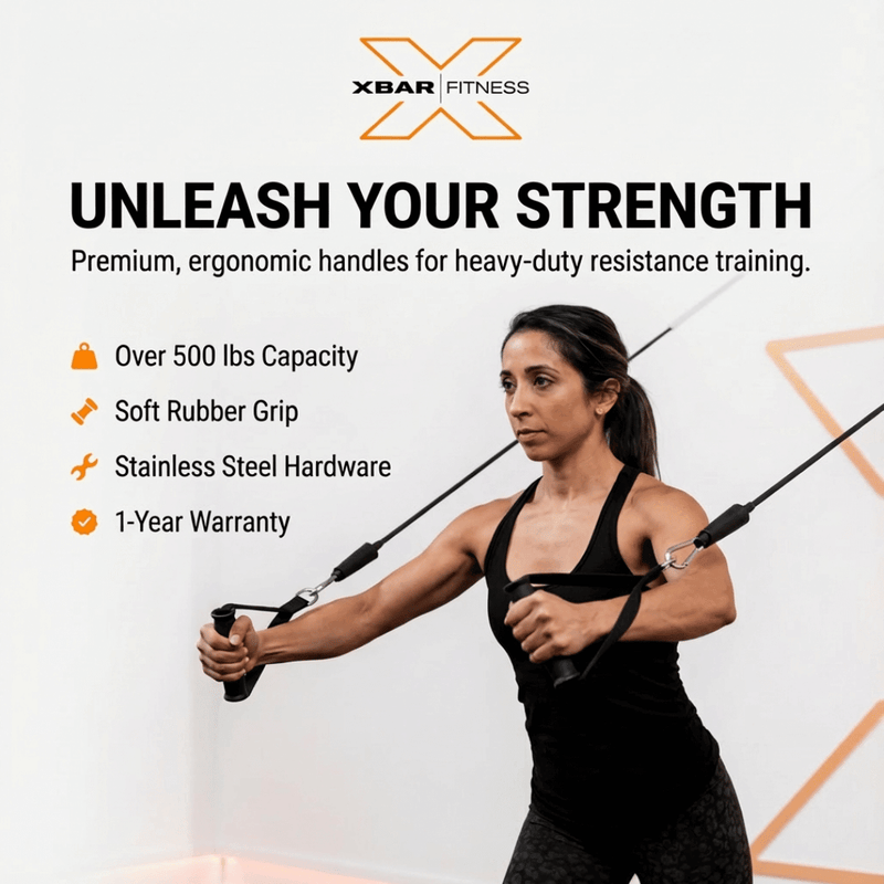 Woman using resistance band handles with XBAR Fitness branding and product features listed.