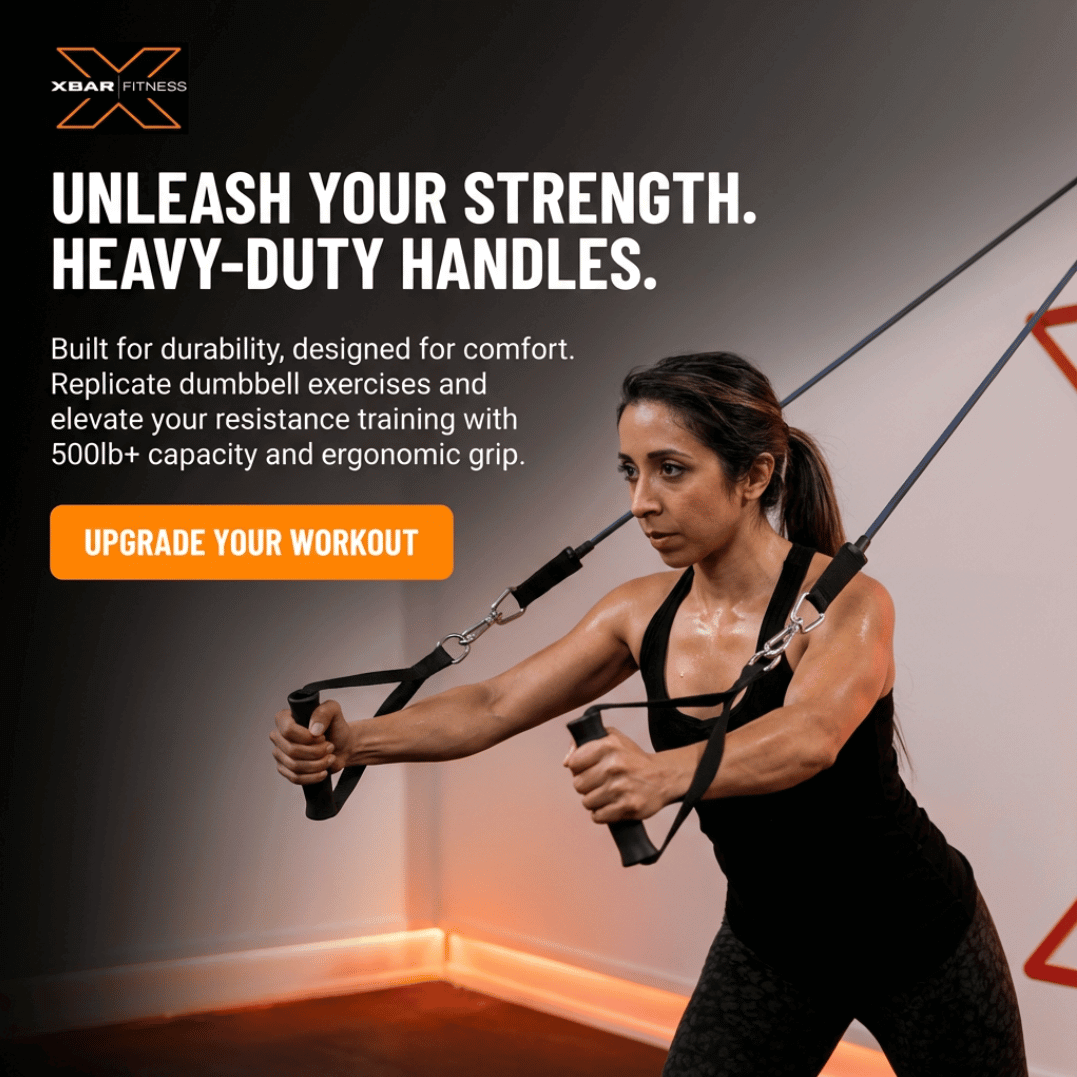 Woman using resistance bands with XBAR Fitness branding and text about heavy-duty handles.